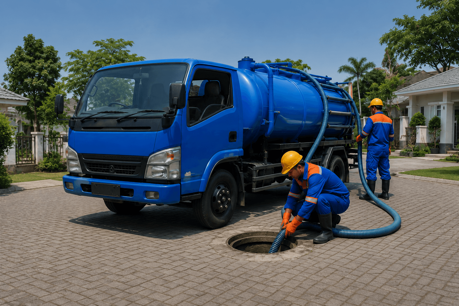 Petugas sedot WC sedang bekerja dengan truk tangki